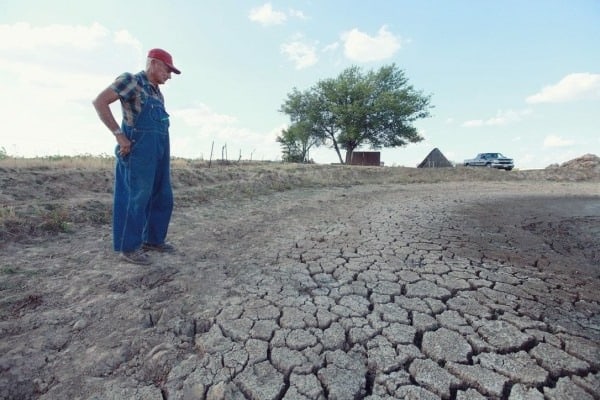 Un agriculteur canadien examine des terres fissurées à cause de la sécheresse